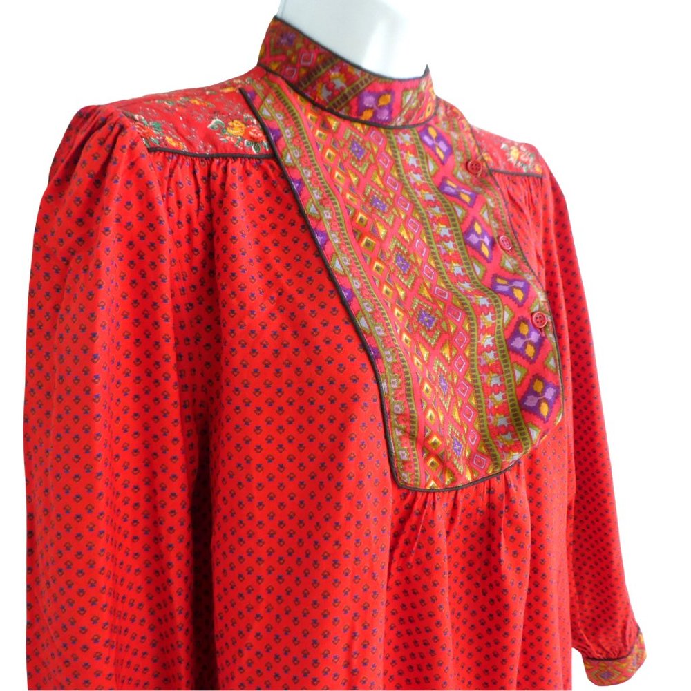 Vintage Michel Red Peasant Top Mixed Floral Button Bib Piping Shirred Shoulders